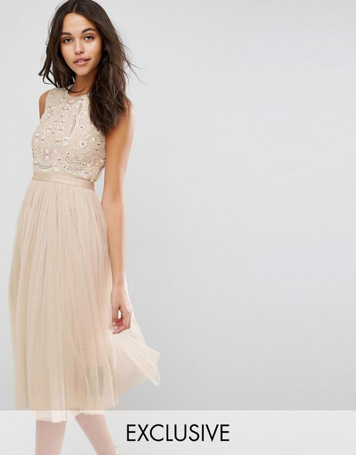 Needle & Thread Prarie Embroidered Tulle Midi Dress - Beige