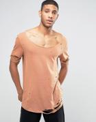 Asos Super Longline T-shirt With Heavy Distressing And Slashing With Scoop Neck In Camel - Tan