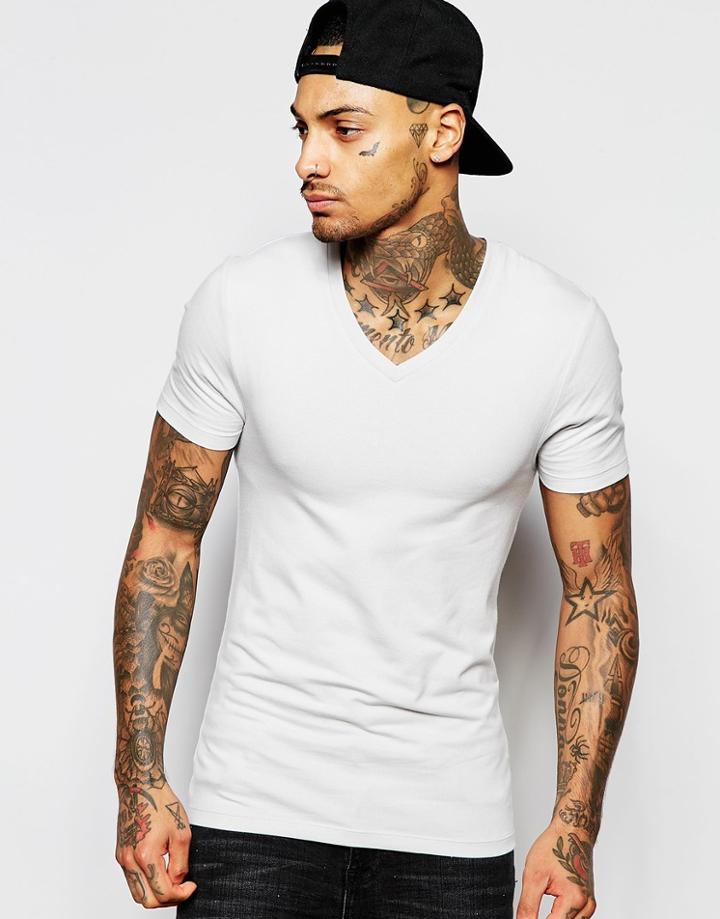 Asos Extreme Muscle T-shirt With V Neck And Stretch - Creamy Mushrm