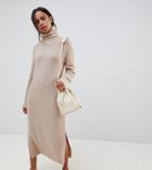 Asos Design Petite Sweater Dress In Midi Length With Side Splits-stone