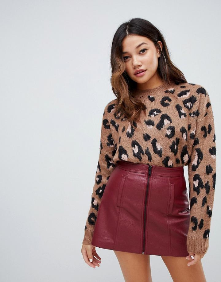 Bershka Brushed Leopard Print Sweater - Red