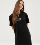 Daisy Street Oversized T-shirt Dress With Sun And Moon Embroidery-black
