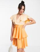 Closet London Polyester Wrap Ruffle Mini Dress In Orange Color Block - Peach