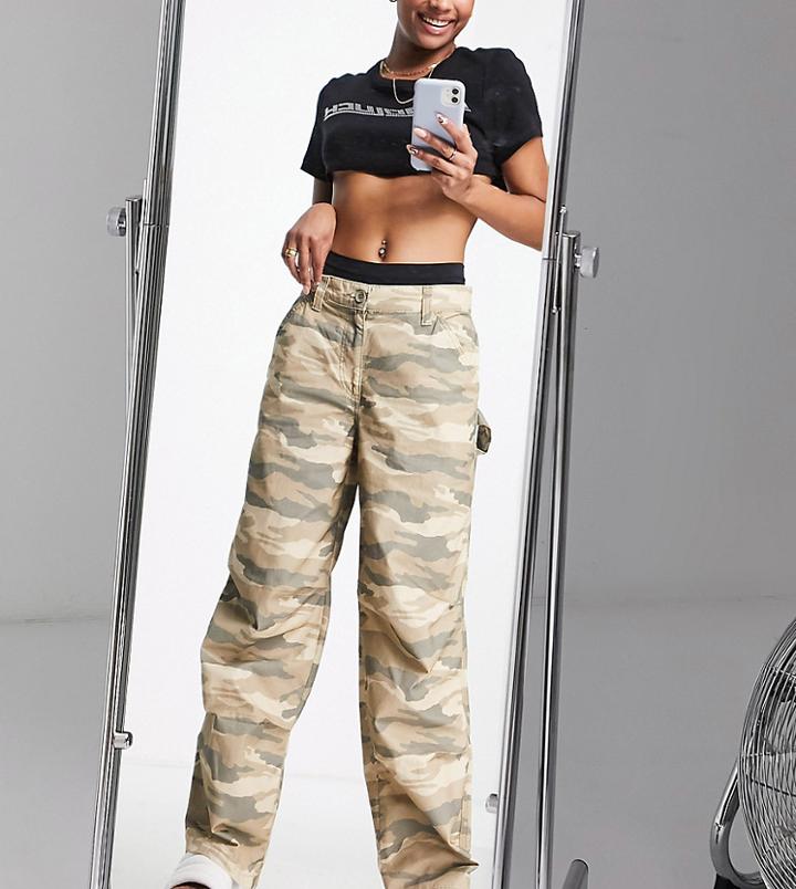Asos Design Petite Slouchy Cargo Pants In Brown Camo-multi