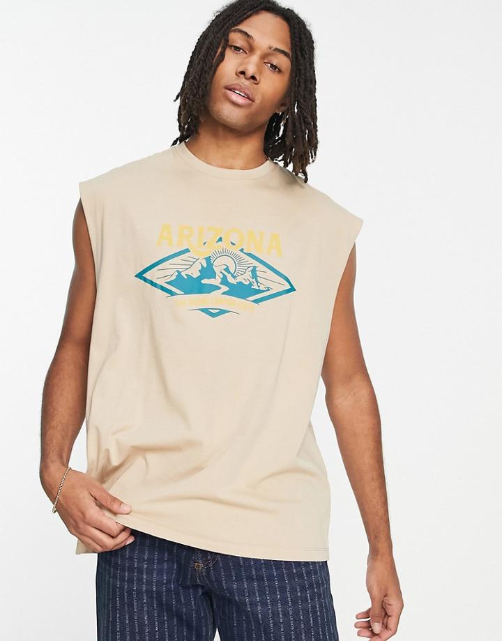 Asos Design Oversized Tank Top In Beige With Mountain Front Print-neutral
