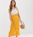 Asos Design Petite Wrap Maxi Skirt With Tie Front In Yellow Polka Dot-multi