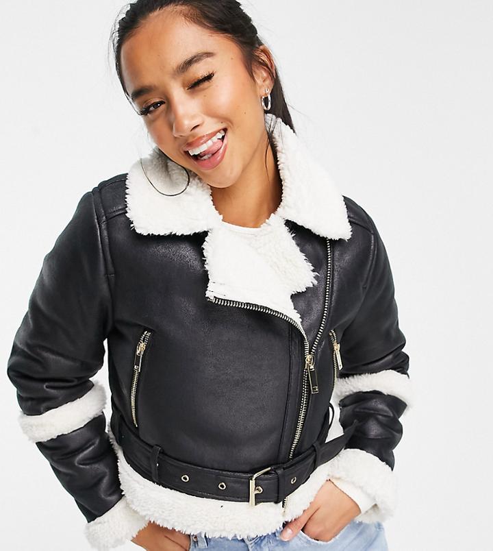 Miss Selfridge Petite Shearling Cropped Aviator Jacket In Black