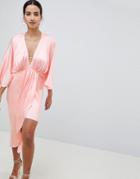 Asos Design Midi Plunge Kimono In Satin - Pink