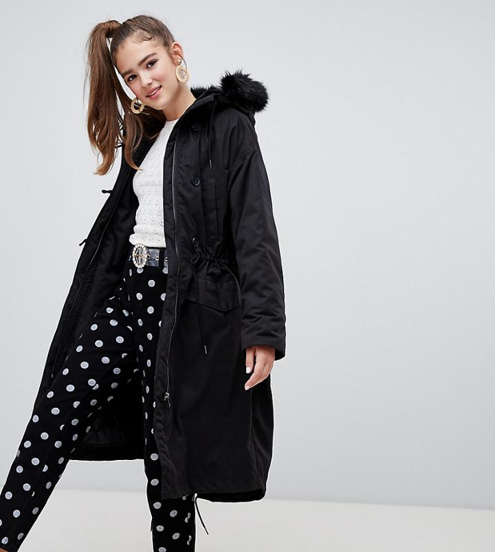 Monki Hooded Parka Coat With Faux Fur Details-black