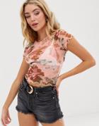 New Look Dragon And Flower Print Mesh Tee In Pink Pattern - Pink