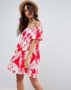 Asos Off Shoulder Sundress In Red Palm Print - Multi