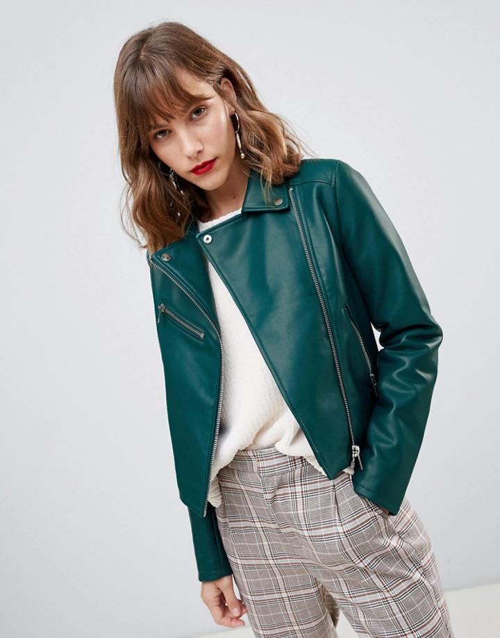 Stradivarius Faux Leather Biker Jacket - Green