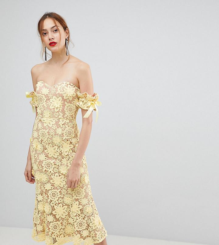 Jarlo Tall All Over Cutwork Lace Bardot Midi Dress With Tie Sleeve Detail - Yellow