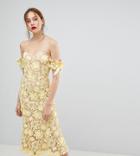 Jarlo Tall All Over Cutwork Lace Bardot Midi Dress With Tie Sleeve Detail - Yellow