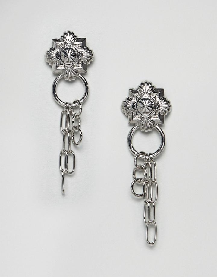 Asos Design Earrings With Engraved Gothic Cross Design And Multi Chain Drop In Silver - Silver