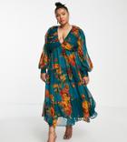 Asos Design Curve Pleated Bodice Midi Dress With Tiered Skirt And Lace Back Detail In Blue Floral Print