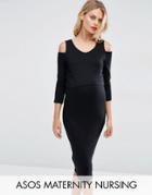 Asos Maternity Nursing Double Layer Bodycon Midi Dress With Cold Shoulder - Black