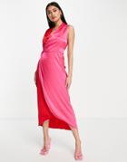 Never Fully Dressed Color Block Satin Wrap Midi Dress In Red And Pink-multi