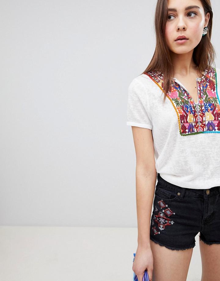 Brave Soul Bianca Top With Embroidered Placket - Cream