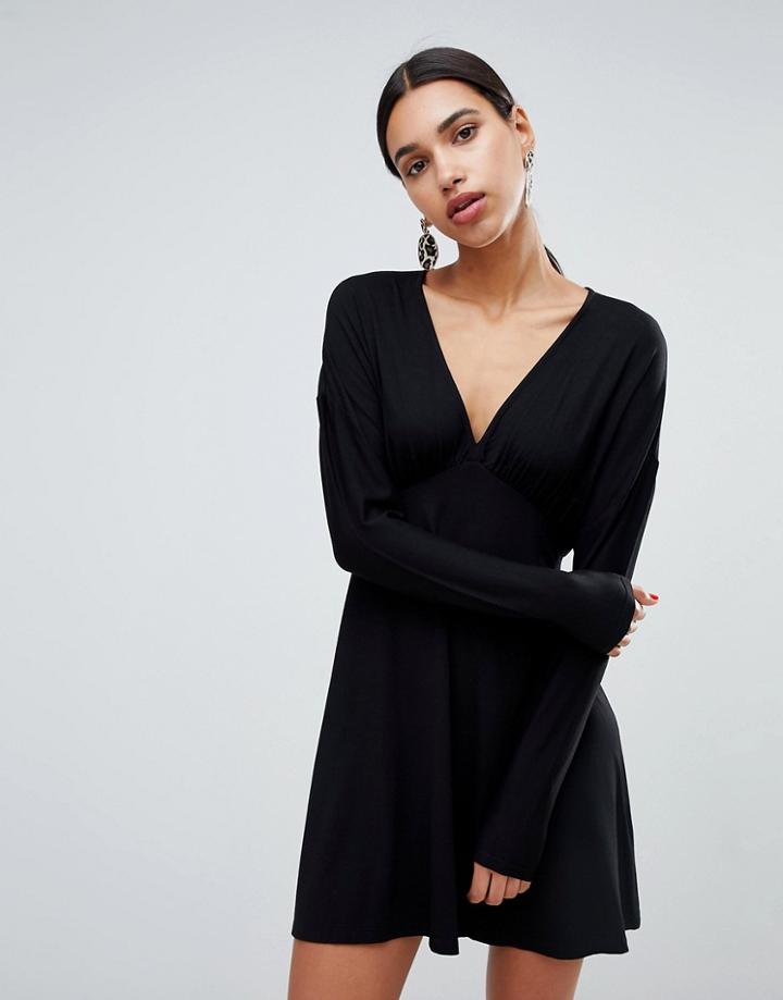 Asos Design Mini Batwing Skater Dress With Long Sleeves - Black