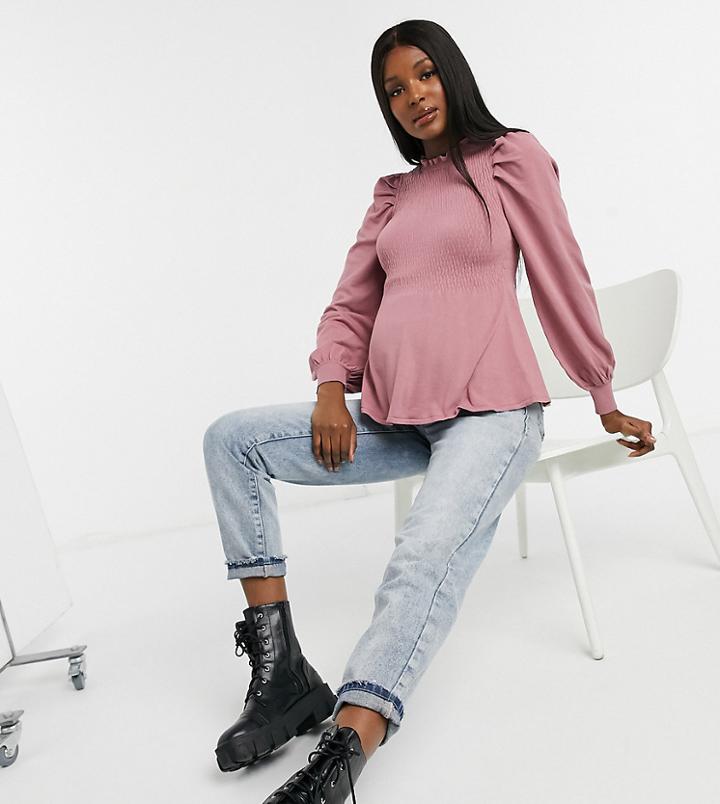 Asos Design Maternity Frill Neck Sweater With Shirred Body In Pink