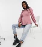 Asos Design Maternity Frill Neck Sweater With Shirred Body In Pink