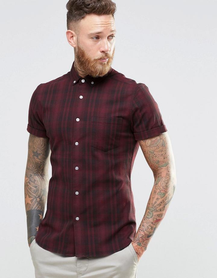 Asos Skinny Shirt In Burgundy Check With Short Sleeves - Burgundy