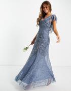Beauut Bridesmaid Embellished Maxi Dress With Flutter Sleeve In Dark Blue-blues