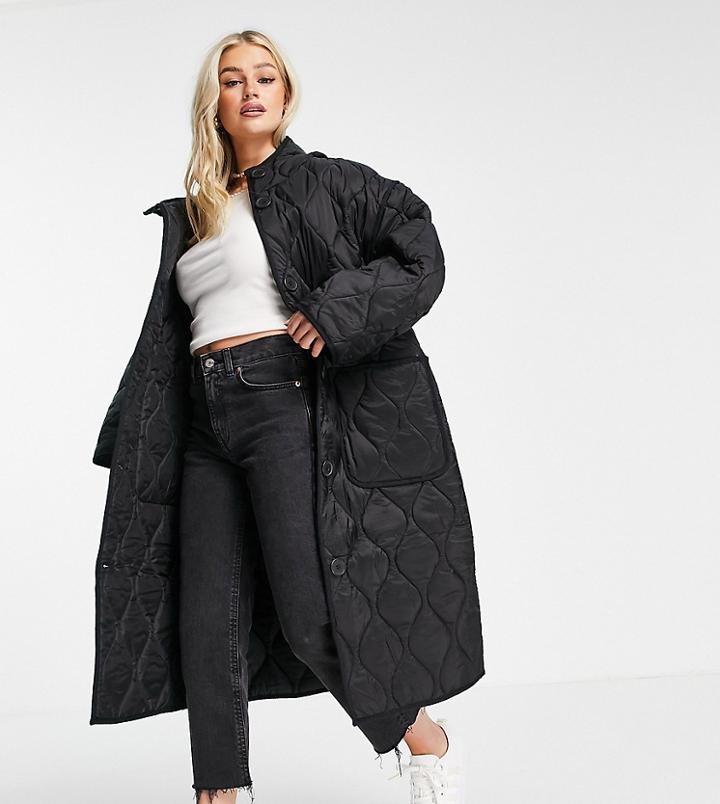 Asos Design Petite Quilted Longline Hooded Puffer Jacket In Black