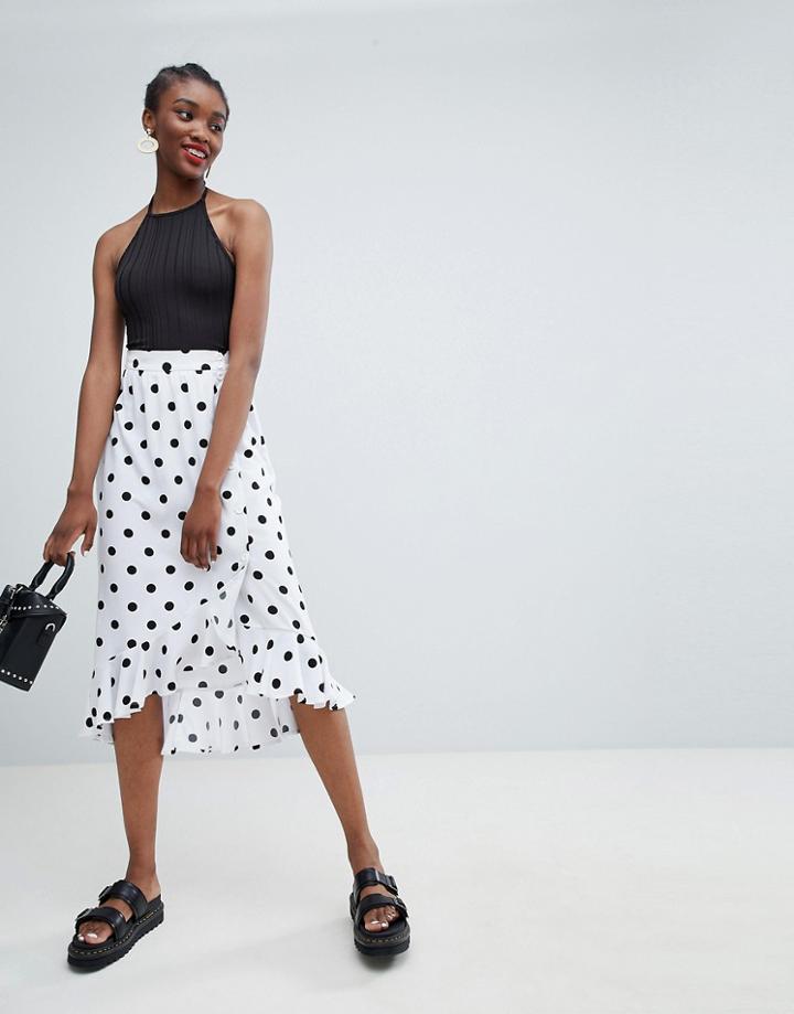 Monki Wrap Ruffle Polka Dot Midi Skirt - White