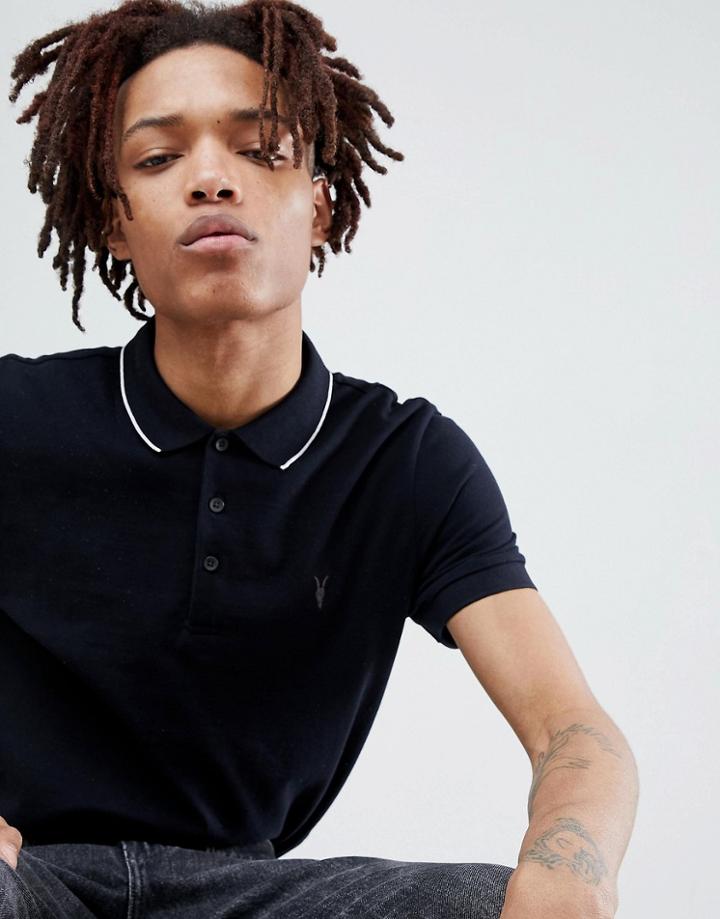 Allsaints Polo Shirt In Navy With Tipping With Logo - Navy