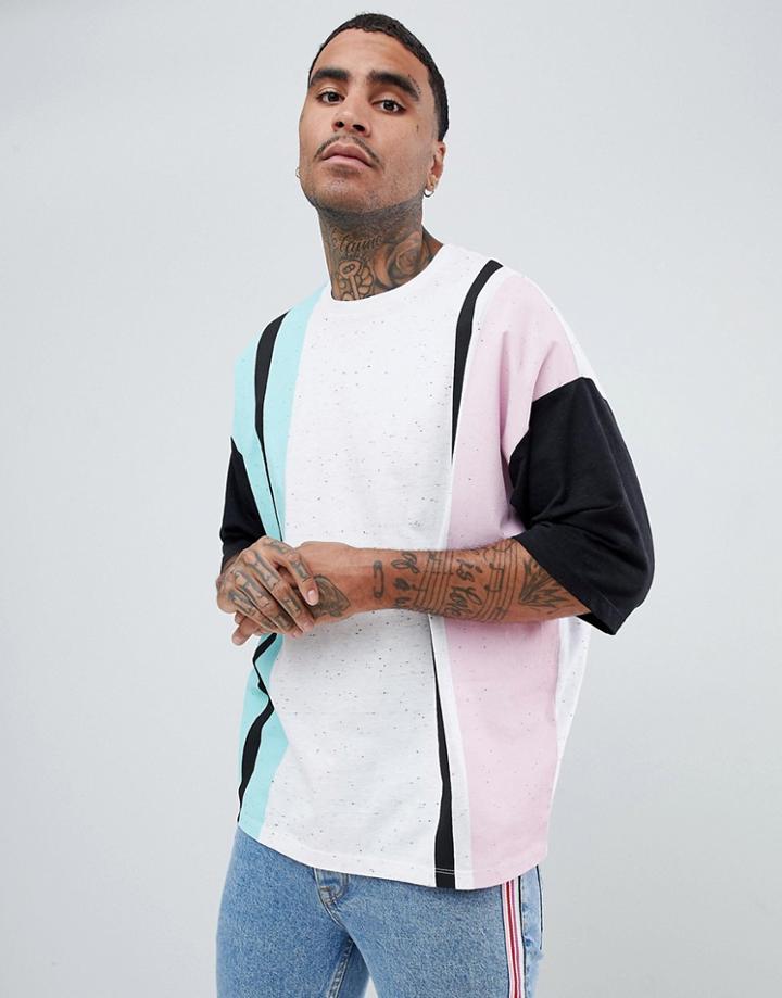 Asos Design Oversized T-shirt With Half Sleeve And Vertical Stripe In Nep-multi