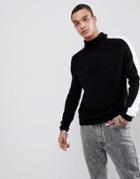 Asos Fluffy Roll Neck Sweater With Stripe In Black - Black
