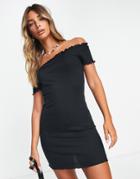 River Island Frill Edge Bardot Mini Dress In Black