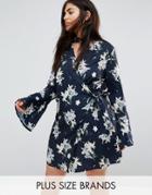 Missguided Plus Floral Wrap Over Flared Sleeve Dress - Navy