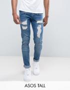 Asos Tall Skinny Jeans In Biker Style With Rips - Blue