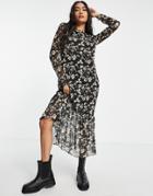 & Other Stories Recycled Long Sleeve Floral Mesh Midi Dress In Black