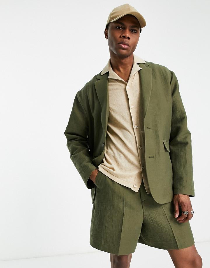 Asos Design Oversized Soft Tailored Suit Jacket In Khaki Green Crinkle Texture
