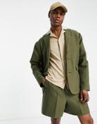 Asos Design Oversized Soft Tailored Suit Jacket In Khaki Green Crinkle Texture