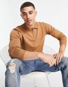 Threadbare Cotton Quarter Zip Long Sleeve Knitted Polo In Camel-neutral