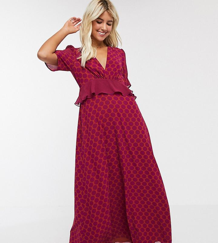 Twisted Wunder Frill Waist Detail Maxi Dress In Rust Polka Dot-brown