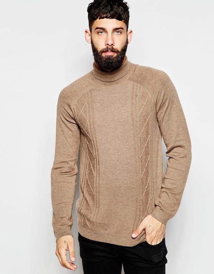Asos Roll Neck Sweater With Cable In Merino Wool Mix - Light Brown
