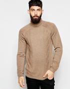 Asos Roll Neck Sweater With Cable In Merino Wool Mix - Light Brown