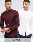 Asos Skinny Oxford 2 Pack In White And Burgundy With Long Sleeves - Multi