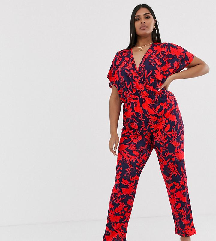 Pink Clove Kimono Sleeve Jumpsuit In Bright Floral-red