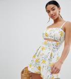 Asos Design Petite Cami Romper With Cut Out Detail In Linen In Floral Print - Multi