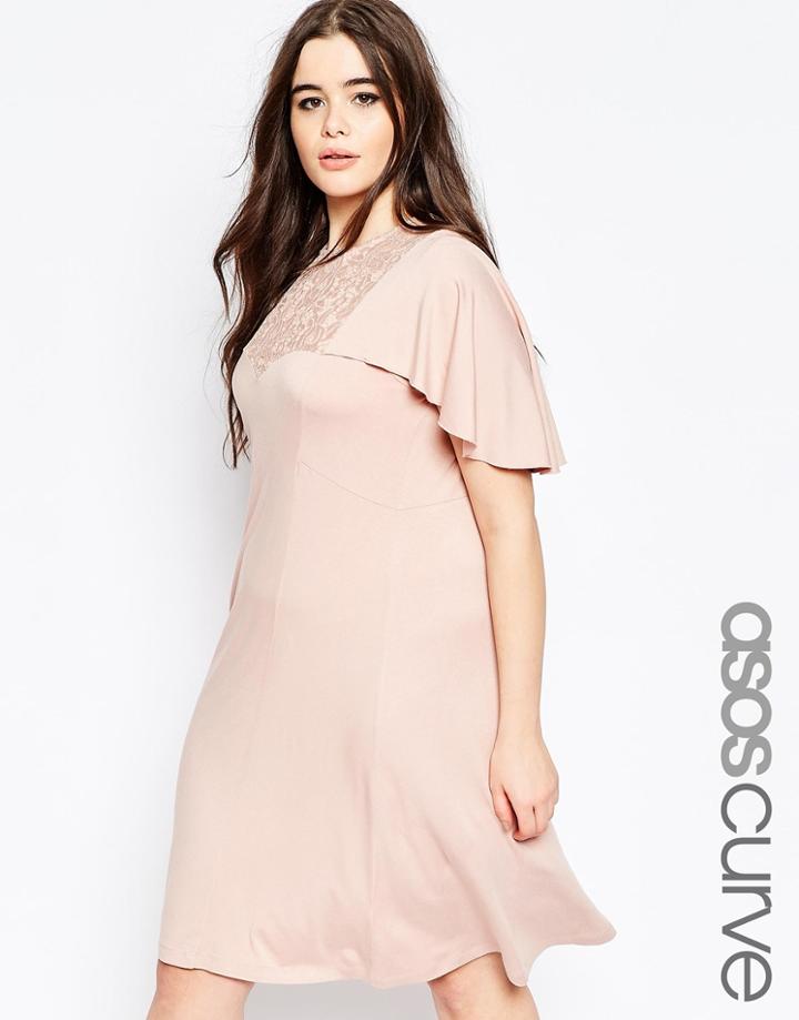 Asos Curve Dress With Lace Bib & Ruffle Sleeves - Nude