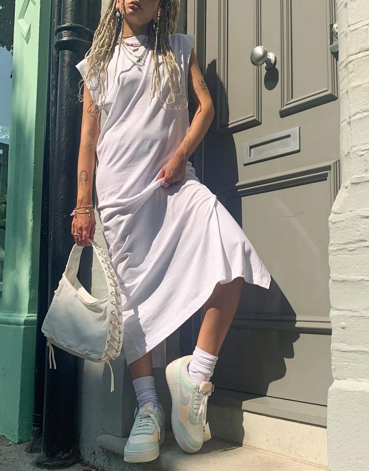 Weekday Lia Organic Cotton Midi T-shirt Dress With Slit Back In White
