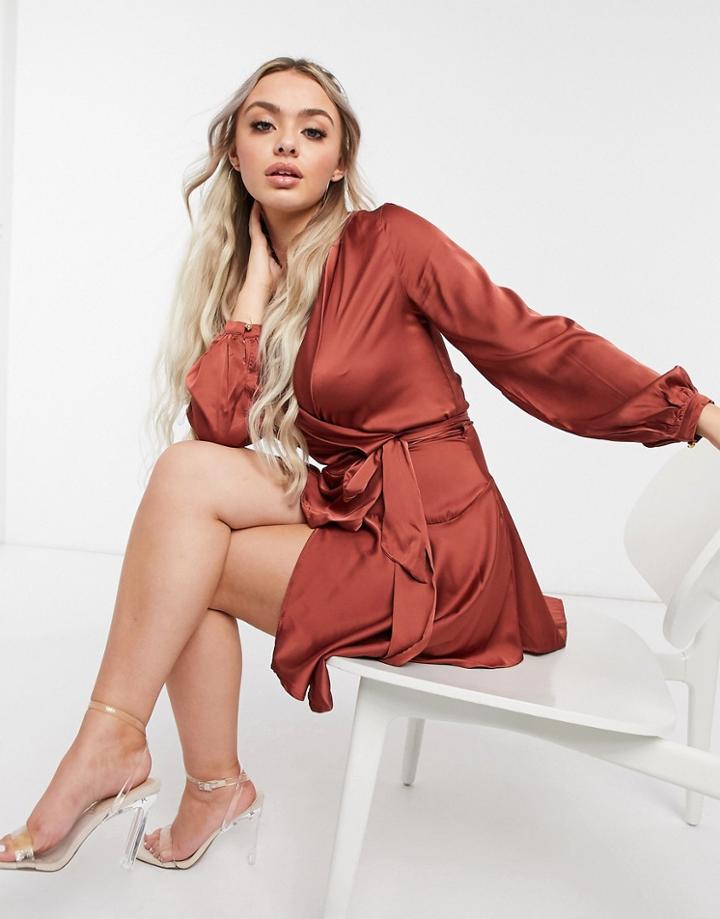 Club L London Mini Satin Wrap Dress In Copper-brown