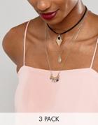 Asos Pack Of 3 Layering Choker Charm Necklaces - Gold